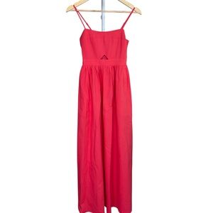 Commense Coral Red Cotton Maxi Dress XS Smocked Back Pockets Cutout